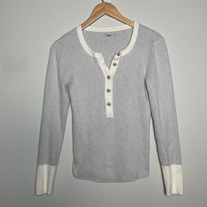 Faherty | Gray White Contrast Mikki Henley Sweater Cotton Cashmere Ribbed